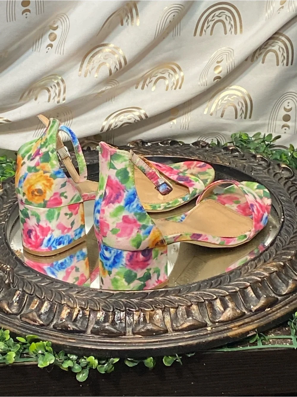 Brash Floral Multi-Color Block Heel Ankle-Strap Sandals
